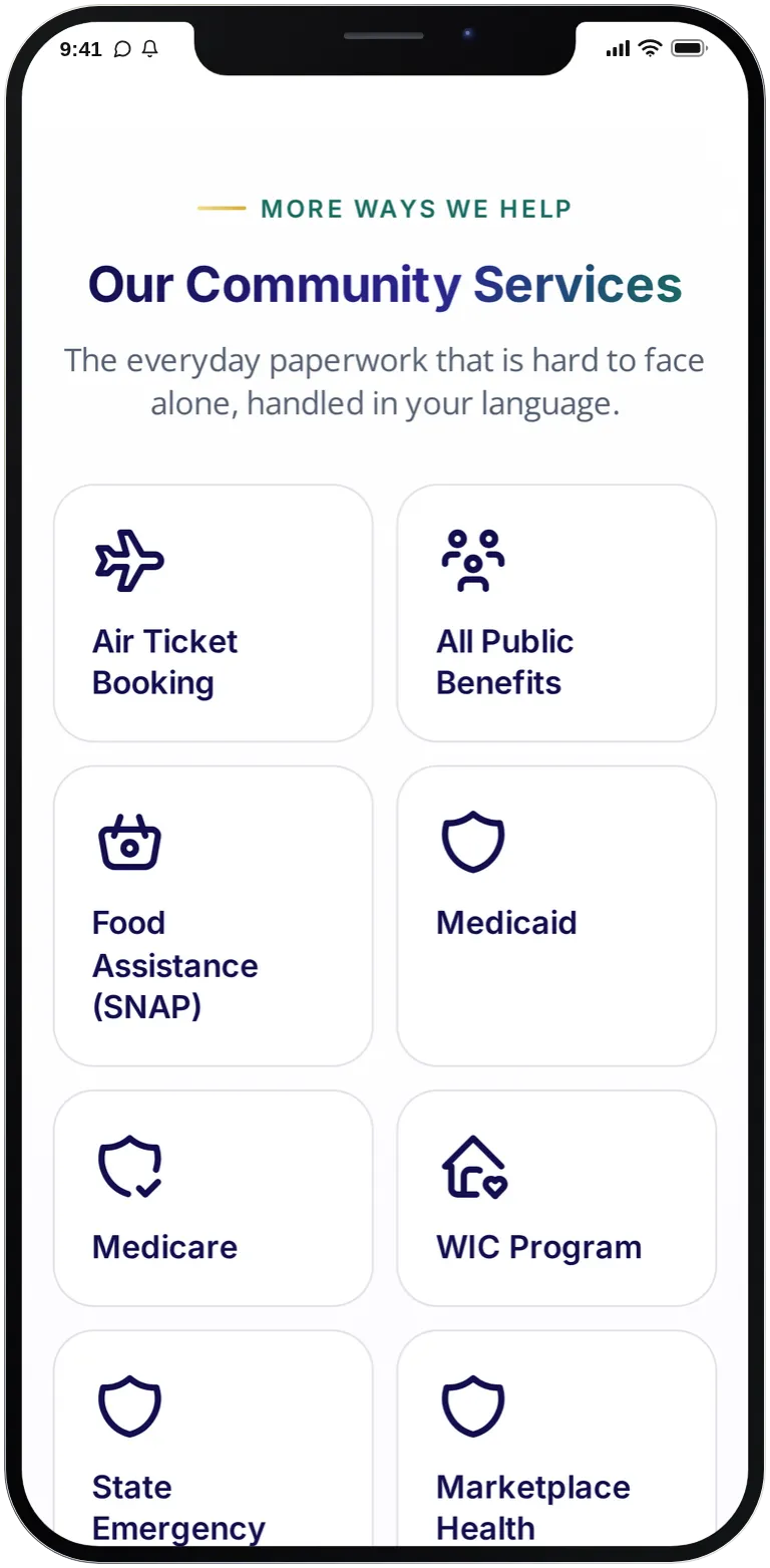 The Our Community Services section of the home page on a phone: a heading and short introduction above a two-column grid of service cards such as Air Ticket Booking, All Public Benefits, Food Assistance and Medicaid.